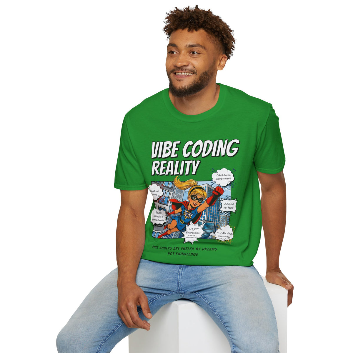 Vibe Coding Reality T-Shirt | Funny Female Senior Dev Super Hero |  Programmer Comic Tee | Vibe Coders are Fueled by Dreams