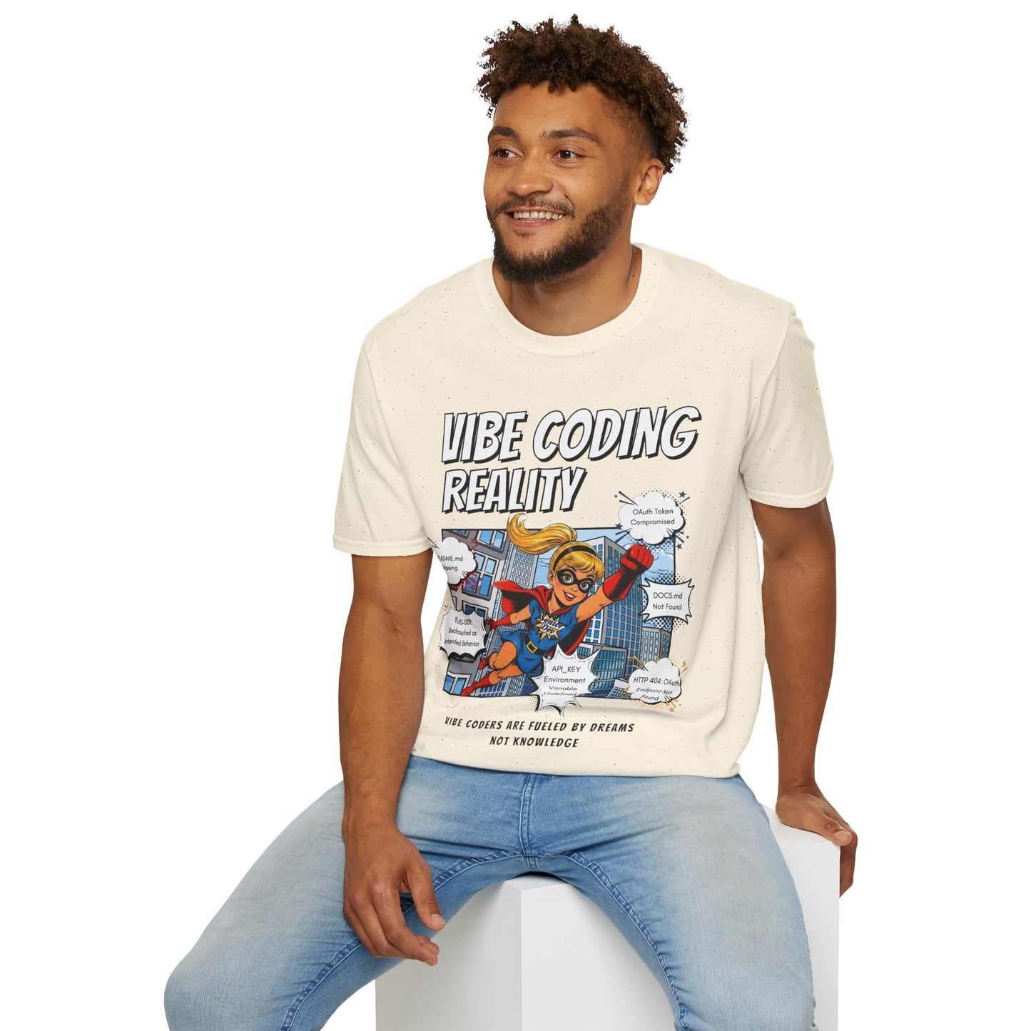 Vibe Coding Reality T-Shirt | Funny Female Senior Dev Super Hero |  Programmer Comic Tee | Vibe Coders are Fueled by Dreams