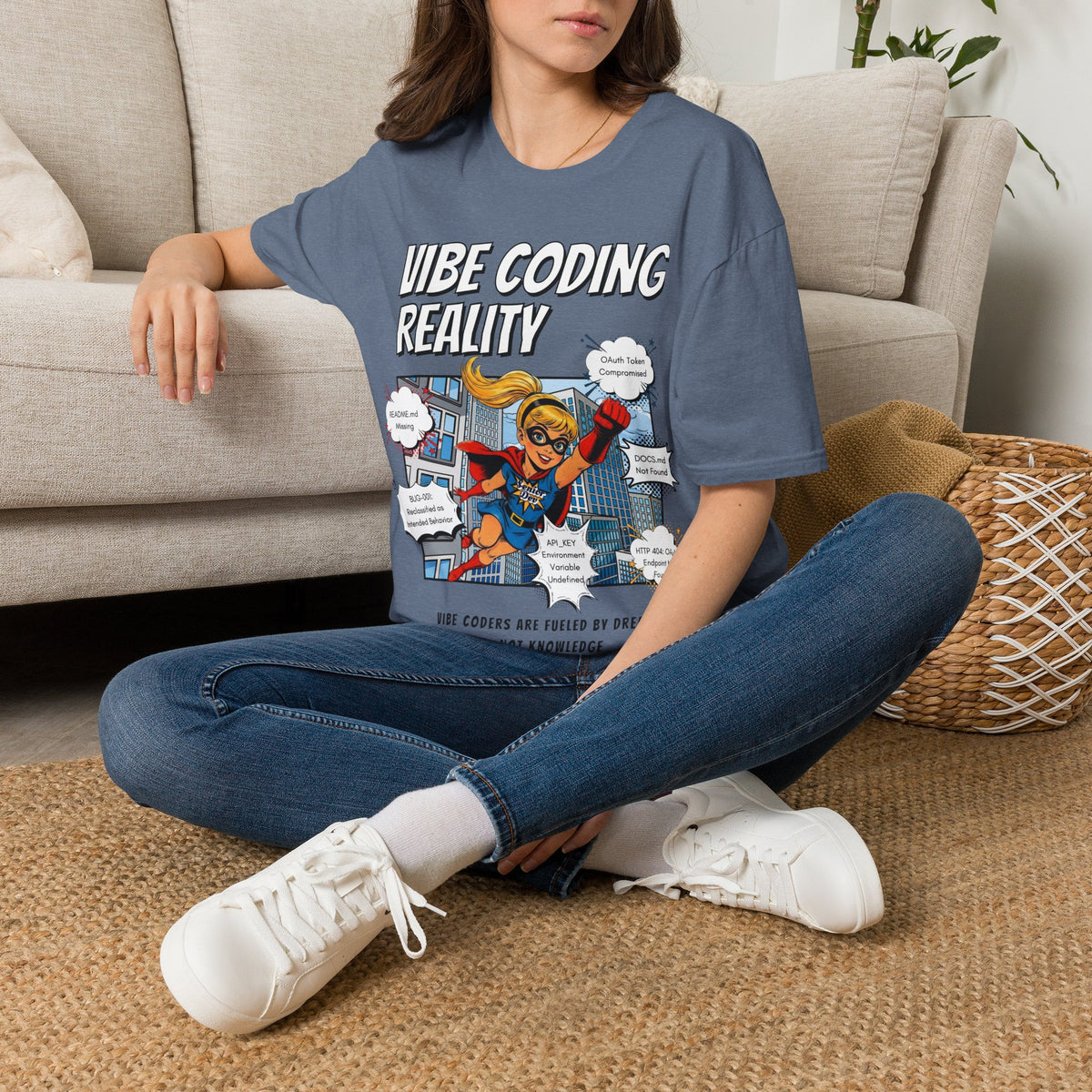 Vibe Coding Reality T-Shirt | Funny Female Senior Dev Super Hero |  Programmer Comic Tee | Vibe Coders are Fueled by Dreams