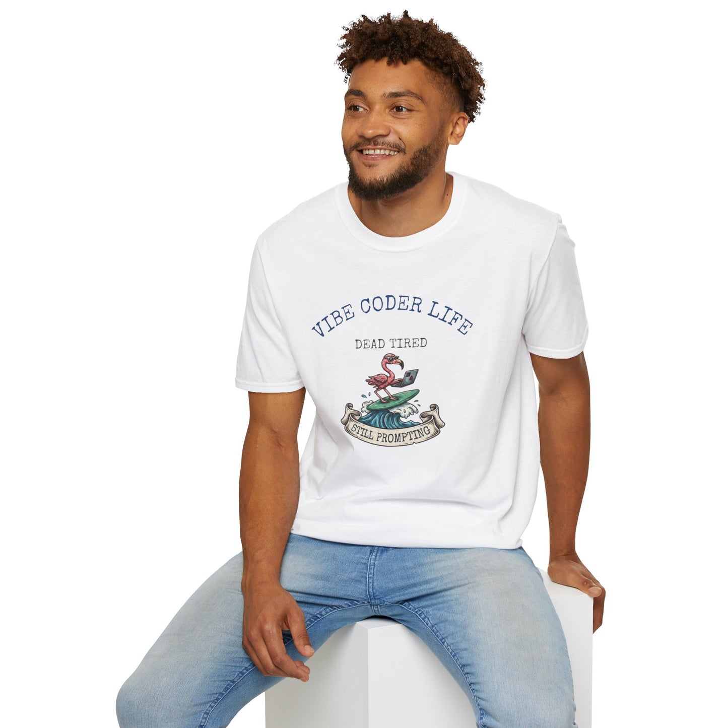 Vibe Coder Life Dead Tired Still Prompting Shirt | Flamingo on Surfboard Vibe Coding | Funny Tech shirt