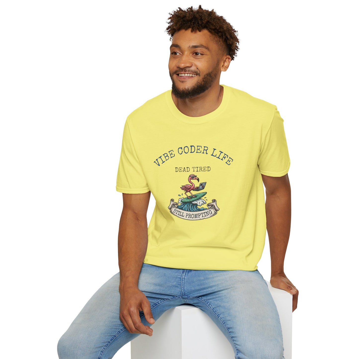 Vibe Coder Life Dead Tired Still Prompting Shirt | Flamingo on Surfboard Vibe Coding | Funny Tech shirt