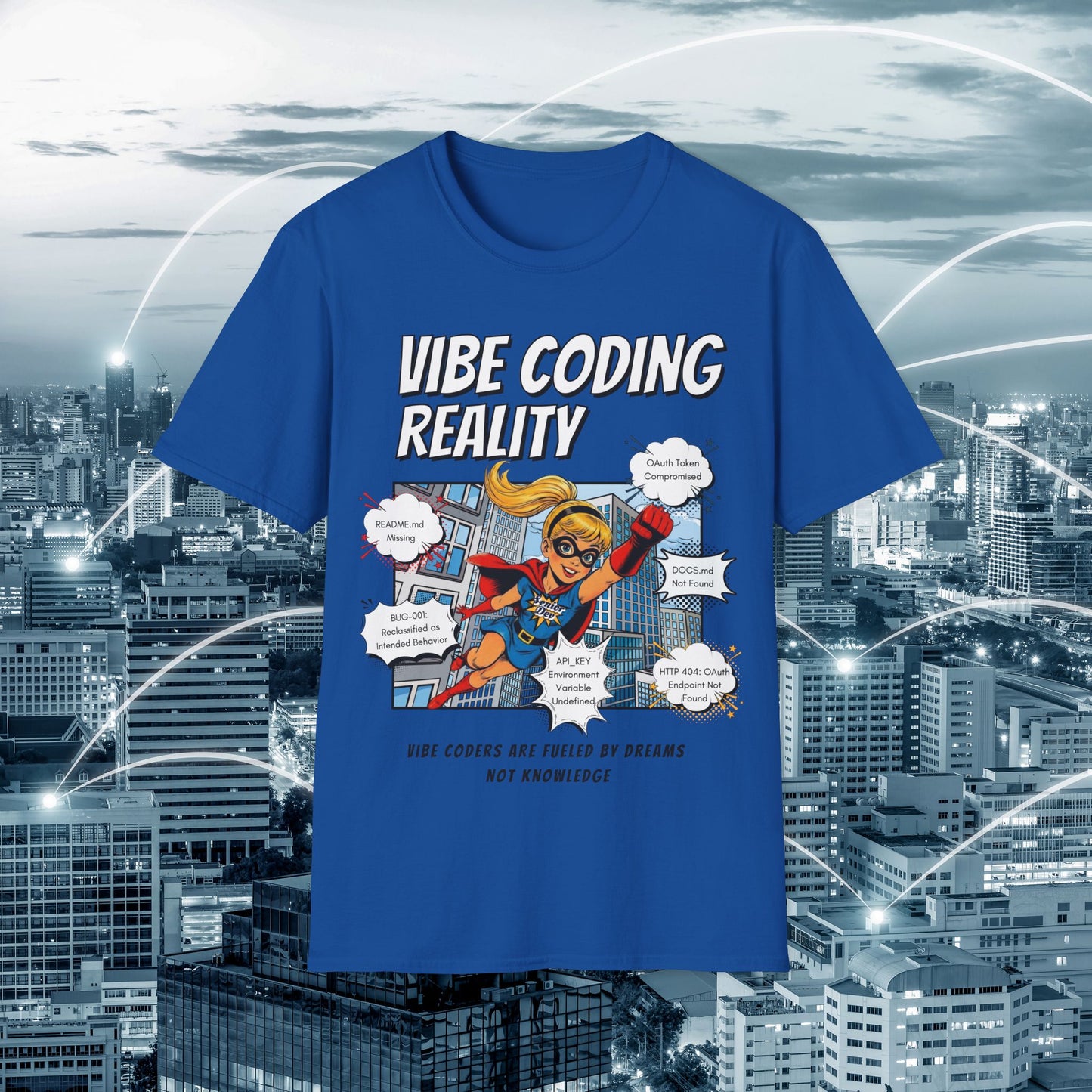 Vibe Coding Reality T-Shirt | Funny Female Senior Dev Super Hero |  Programmer Comic Tee | Vibe Coders are Fueled by Dreams