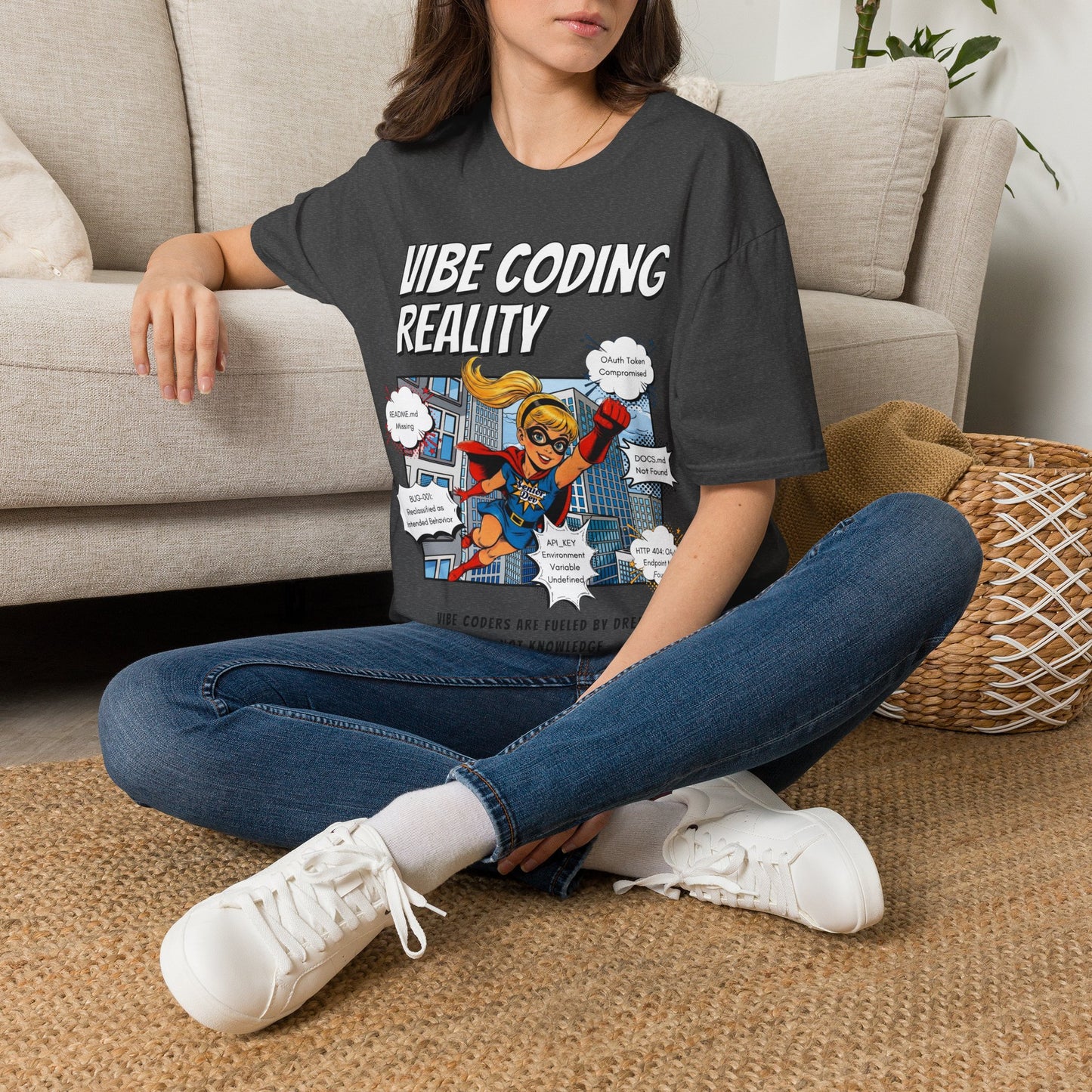 Vibe Coding Reality T-Shirt | Funny Female Senior Dev Super Hero |  Programmer Comic Tee | Vibe Coders are Fueled by Dreams