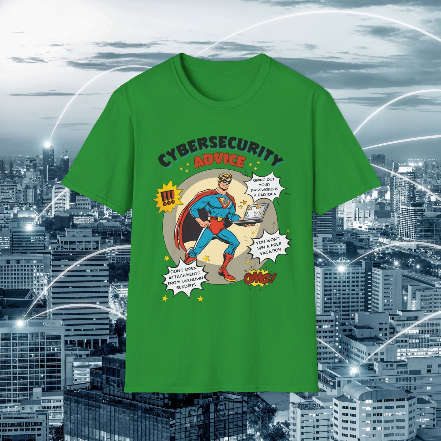 Men in stem Superhero shirt | Male Cybersecurity Advice | Vintage comic style