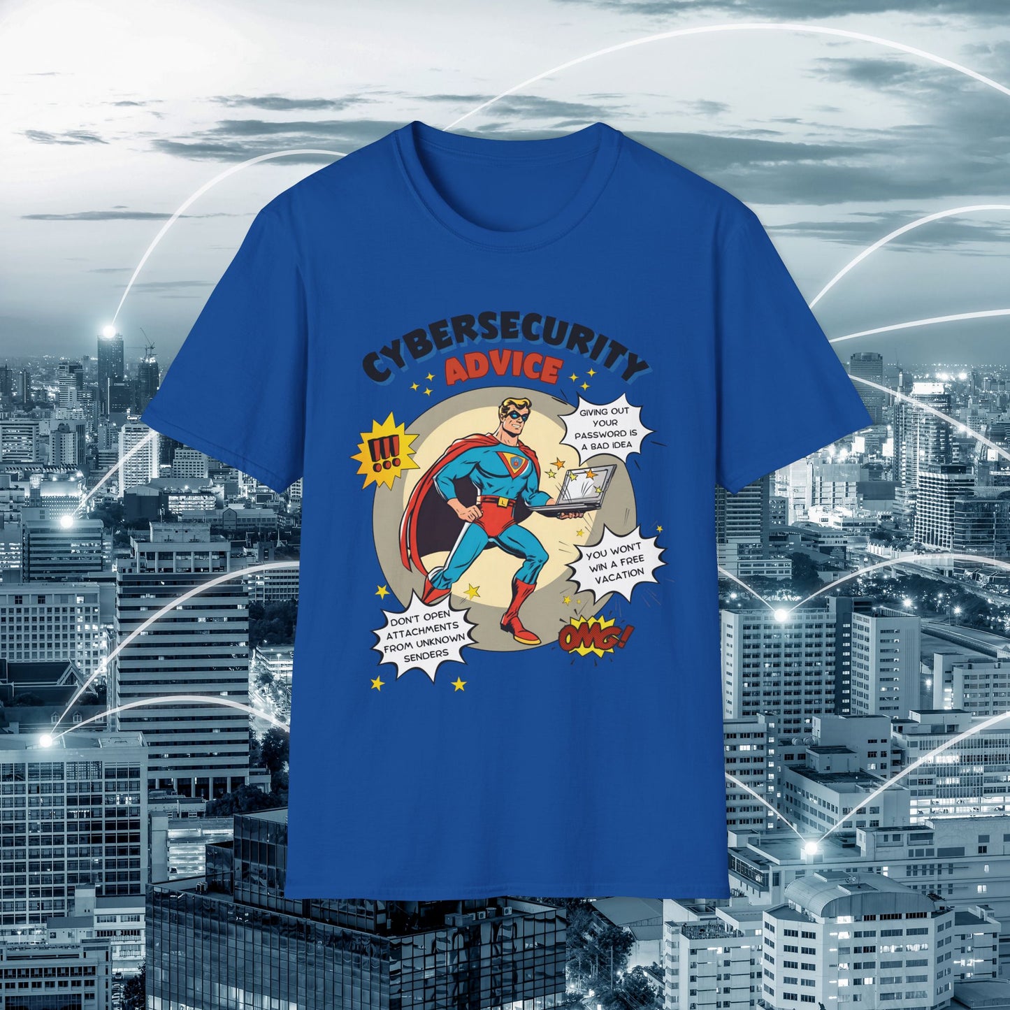 Men in stem Superhero shirt | Male Cybersecurity Advice | Vintage comic style