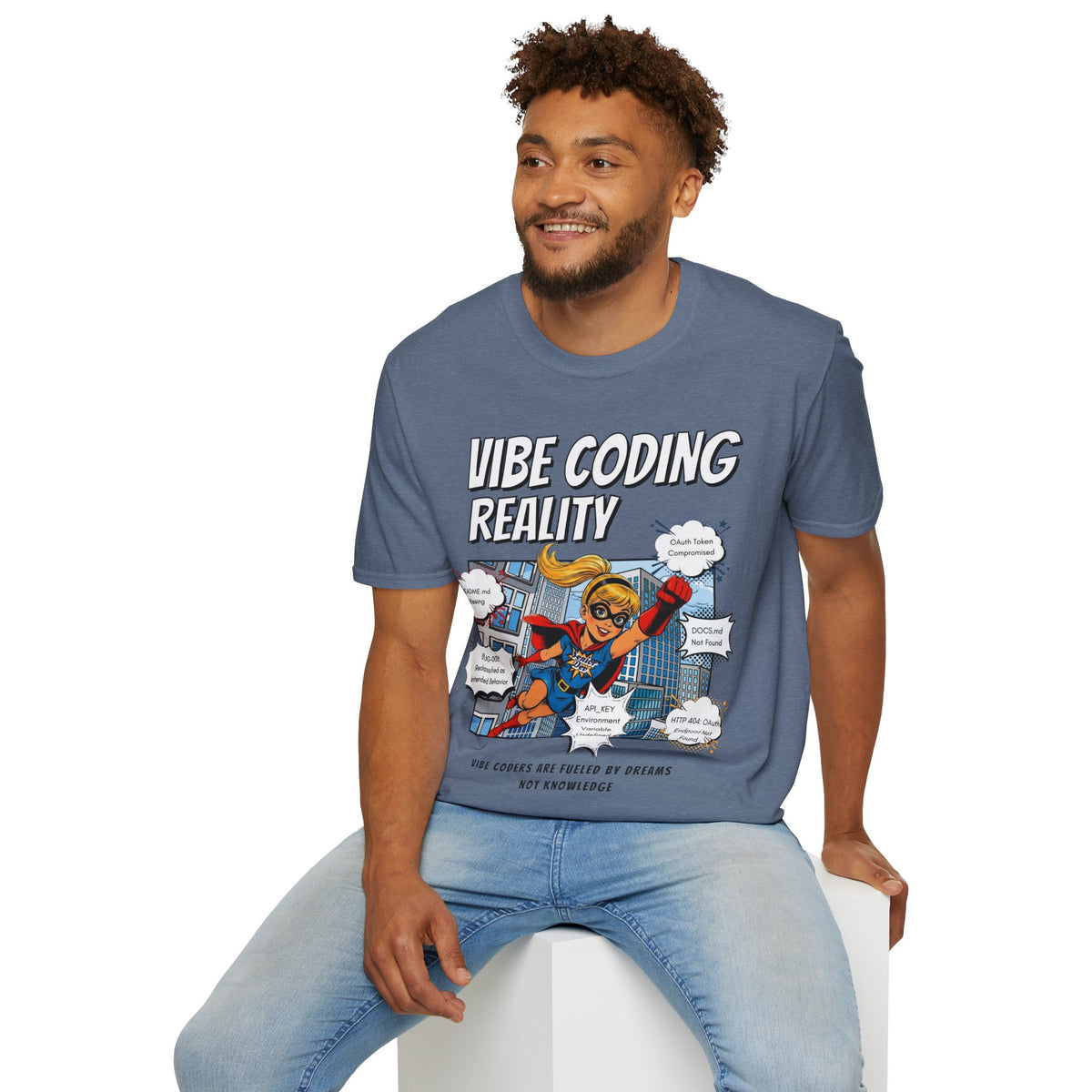 Vibe Coding Reality T-Shirt | Funny Female Senior Dev Super Hero |  Programmer Comic Tee | Vibe Coders are Fueled by Dreams