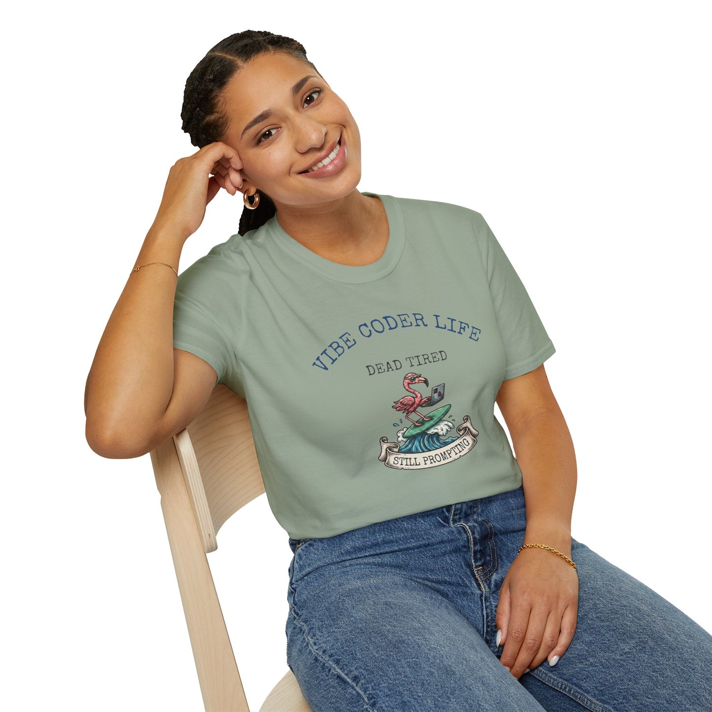 Vibe Coder Life Dead Tired Still Prompting Shirt | Flamingo on Surfboard Vibe Coding | Funny Tech shirt