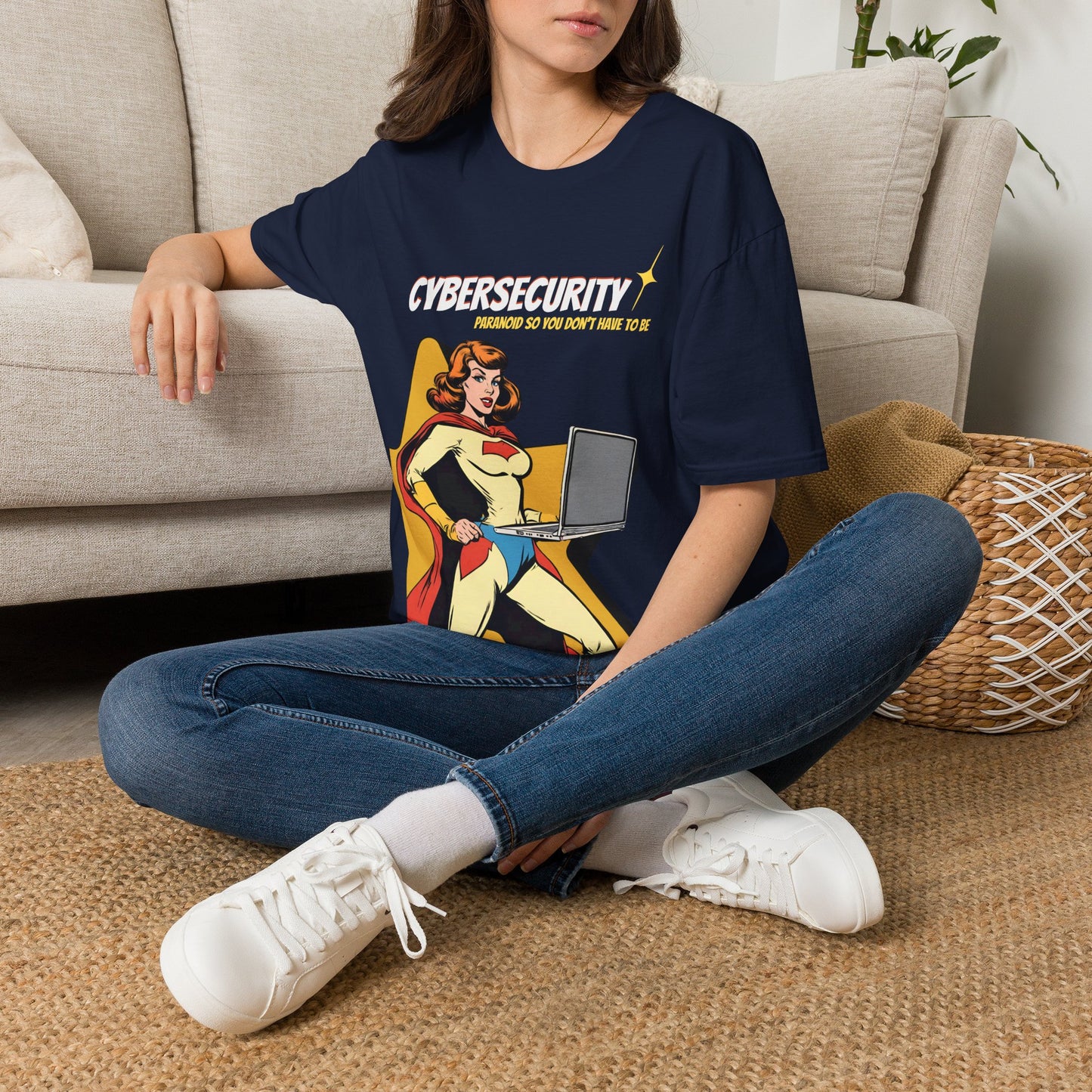 Cybersecurity Retro Comic T‑Shirt | "Paranoid So You Don’t Have To Be" | Female Superhero | Women in STEM shirt