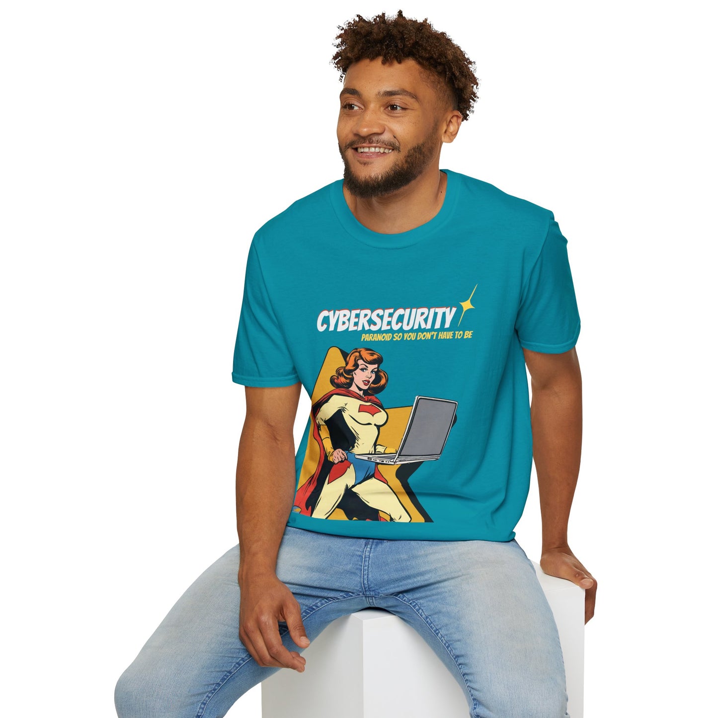 Cybersecurity Retro Comic T‑Shirt | "Paranoid So You Don’t Have To Be" | Female Superhero | Women in STEM shirt