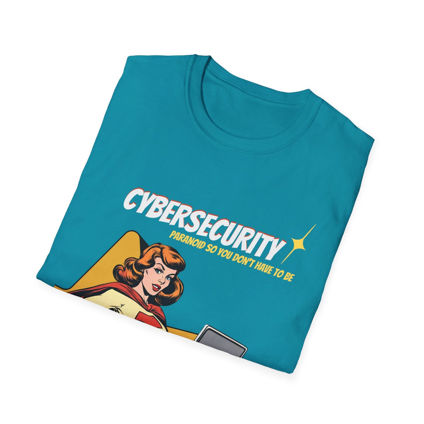 Cybersecurity Retro Comic T‑Shirt | "Paranoid So You Don’t Have To Be" | Female Superhero | Women in STEM shirt