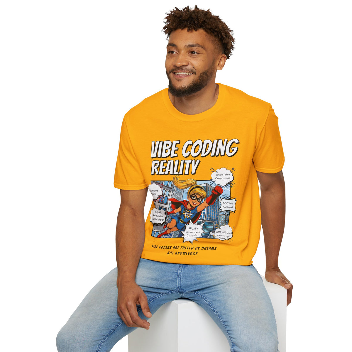 Vibe Coding Reality T-Shirt | Funny Female Senior Dev Super Hero |  Programmer Comic Tee | Vibe Coders are Fueled by Dreams