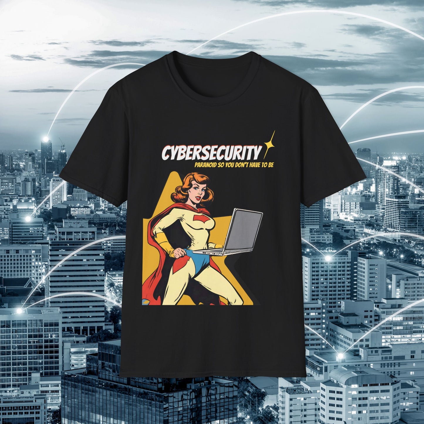 Cybersecurity Retro Comic T‑Shirt | "Paranoid So You Don’t Have To Be" | Female Superhero | Women in STEM shirt