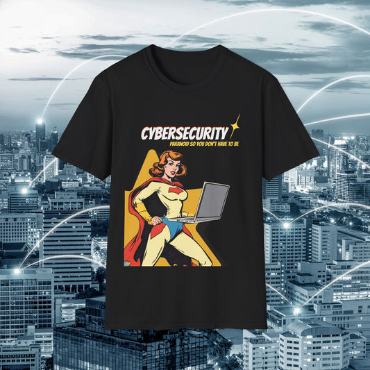 Cybersecurity Retro Comic T‑Shirt | "Paranoid So You Don’t Have To Be" | Female Superhero | Women in STEM shirt