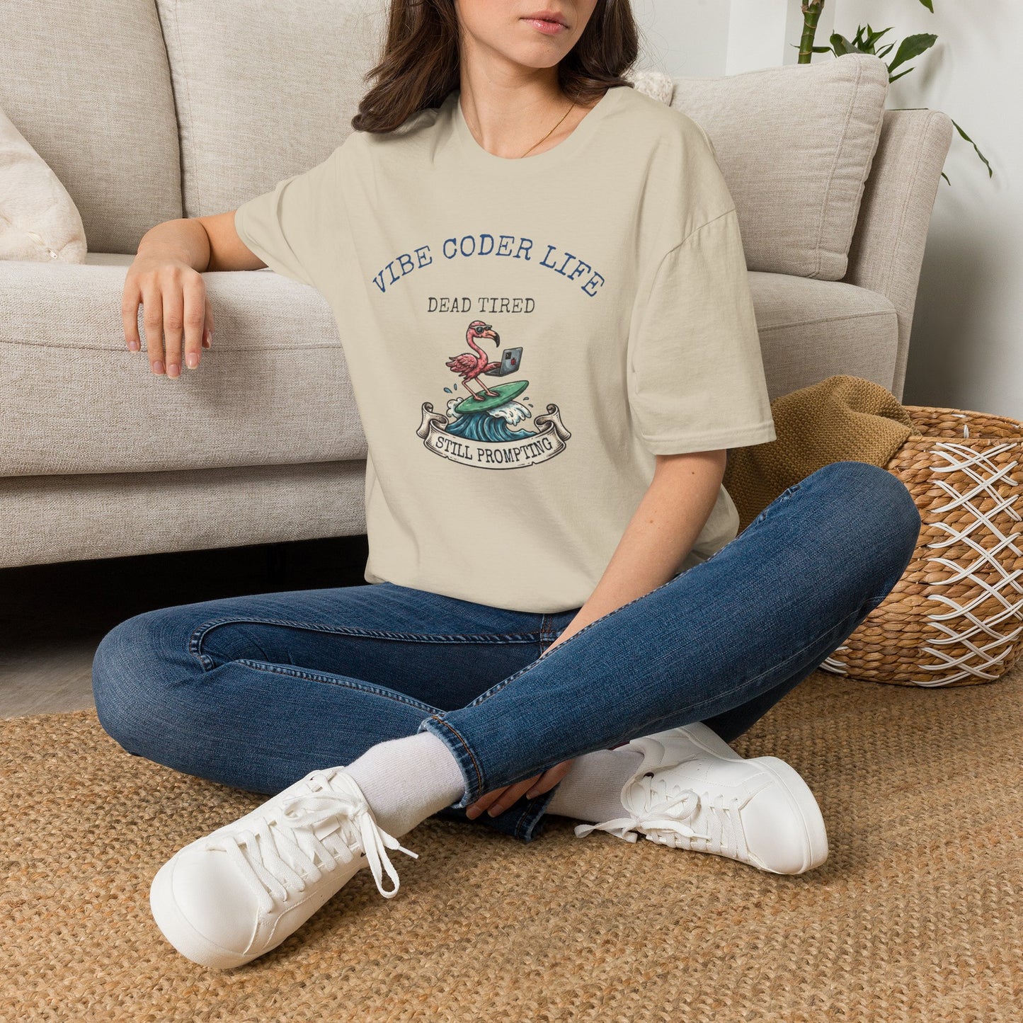 Vibe Coder Life Dead Tired Still Prompting Shirt | Flamingo on Surfboard Vibe Coding | Funny Tech shirt