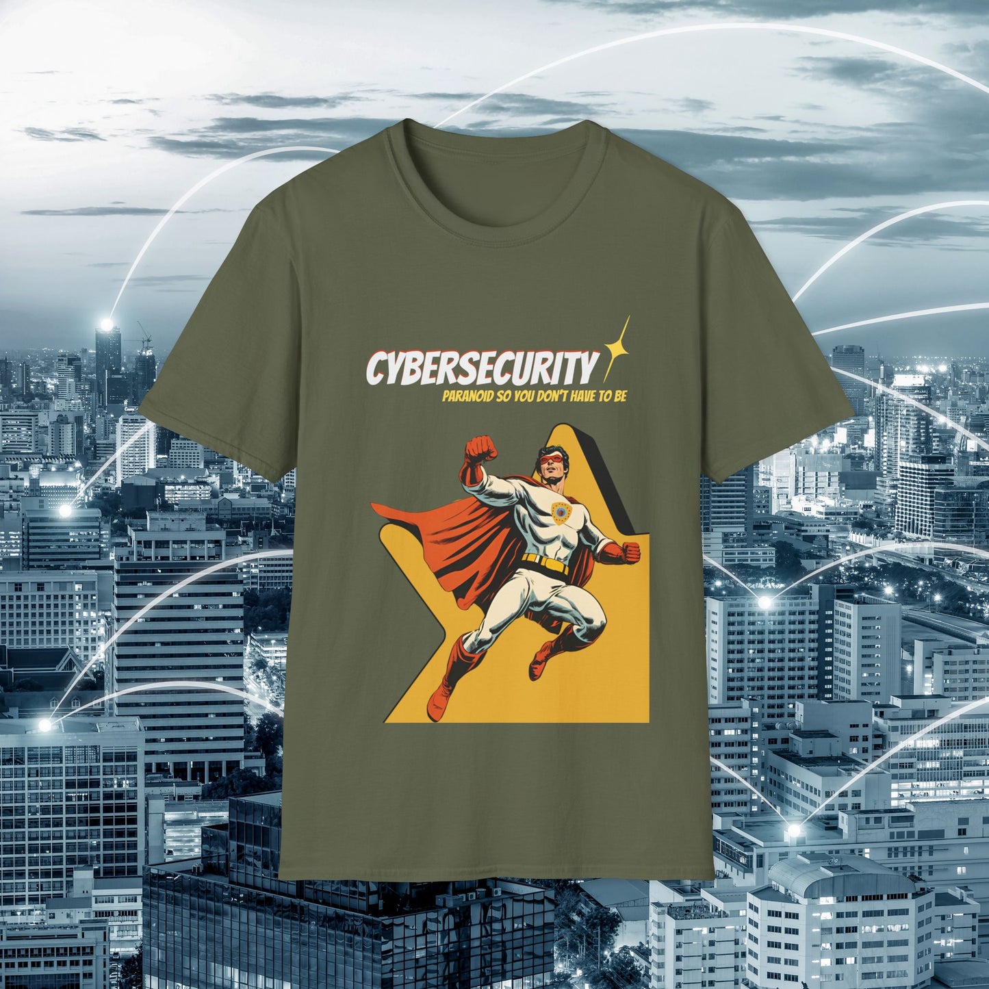 Cybersecurity Retro Comic T‑Shirt | "Paranoid So You Don’t Have To Be" | Male Superhero | Men in STEM shirt