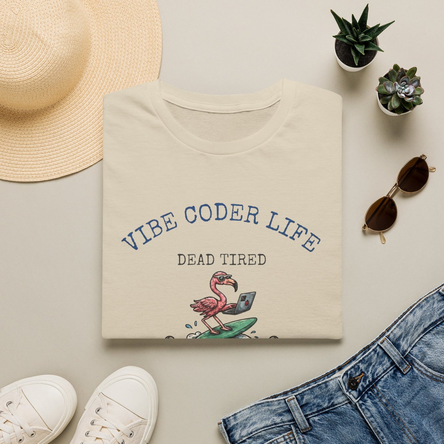 Vibe Coder Life Dead Tired Still Prompting Shirt | Flamingo on Surfboard Vibe Coding | Funny Tech shirt