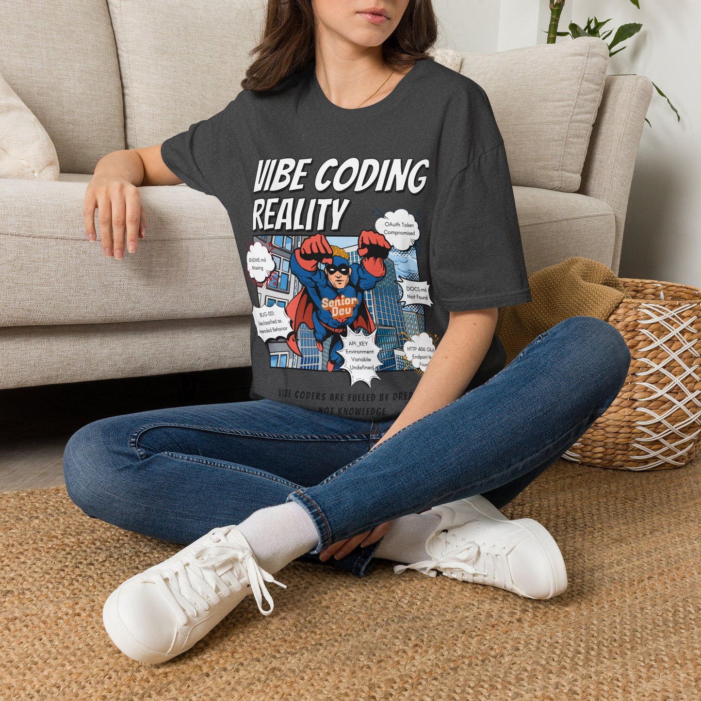 Vibe Coding Reality T-Shirt | Funny Male Senior Dev Super Hero |  Programmer Comic Tee | Vibe Coders are Fueled by Dreams