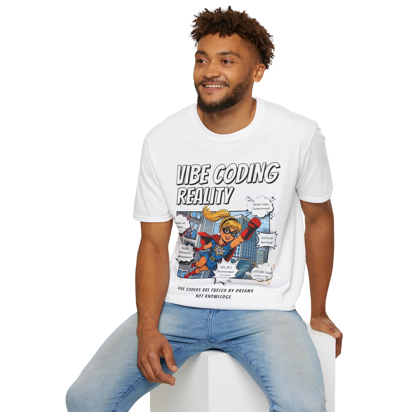 Vibe Coding Reality T-Shirt | Funny Female Senior Dev Super Hero |  Programmer Comic Tee | Vibe Coders are Fueled by Dreams