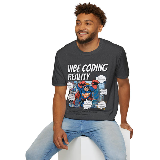 Vibe Coding Reality T-Shirt | Funny Male Senior Dev Super Hero |  Programmer Comic Tee | Vibe Coders are Fueled by Dreams