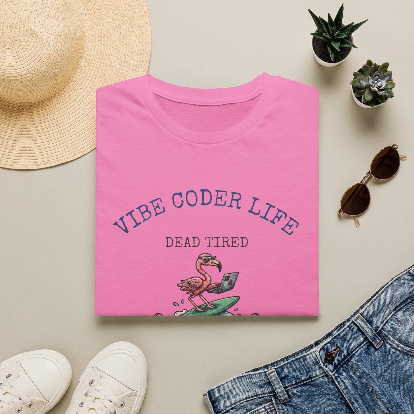 Vibe Coder Life Dead Tired Still Prompting Shirt | Flamingo on Surfboard Vibe Coding | Funny Tech shirt