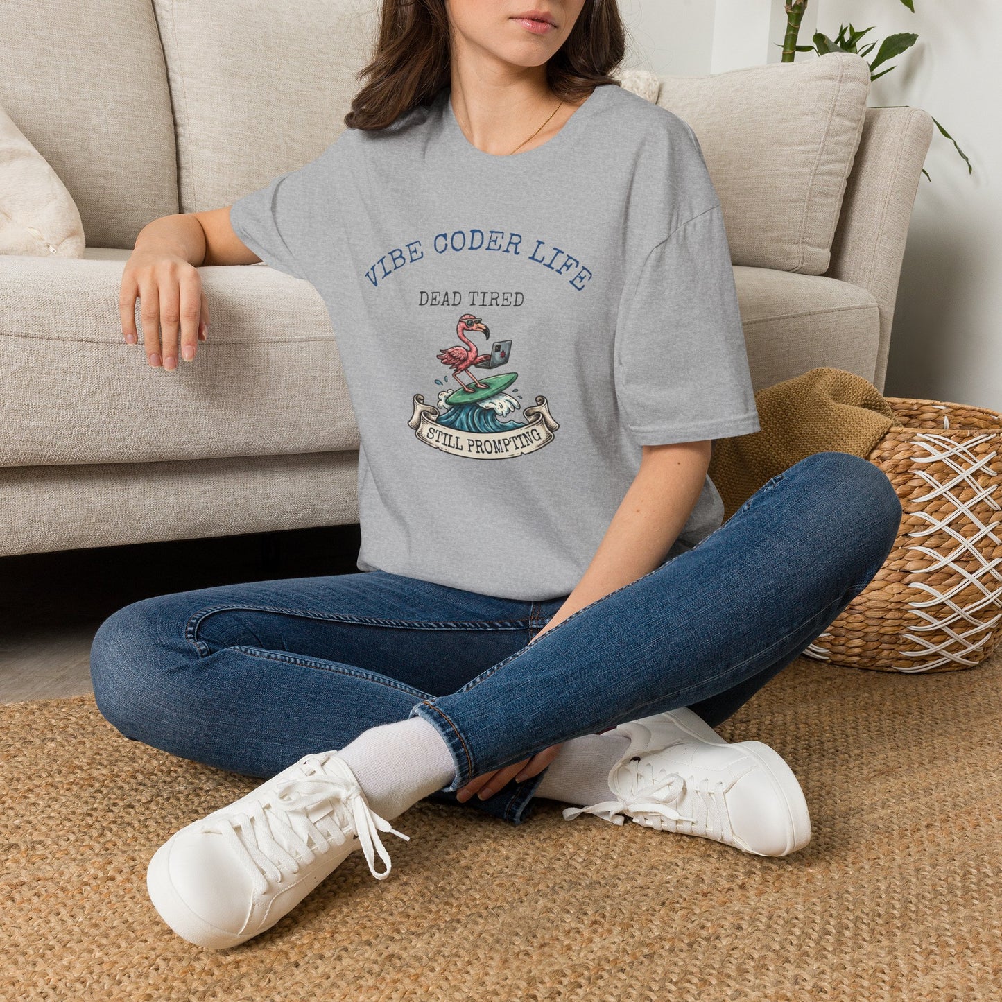 Vibe Coder Life Dead Tired Still Prompting Shirt | Flamingo on Surfboard Vibe Coding | Funny Tech shirt
