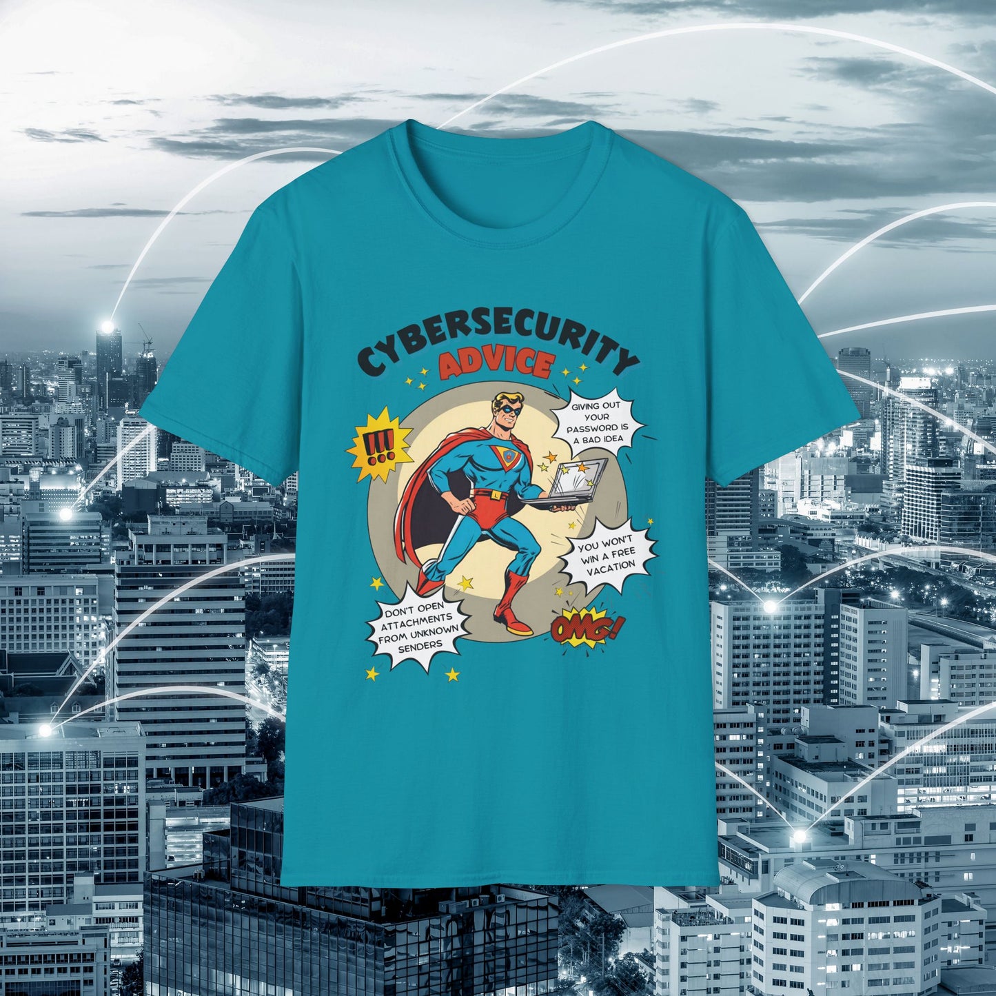 Men in stem Superhero shirt | Male Cybersecurity Advice | Vintage comic style