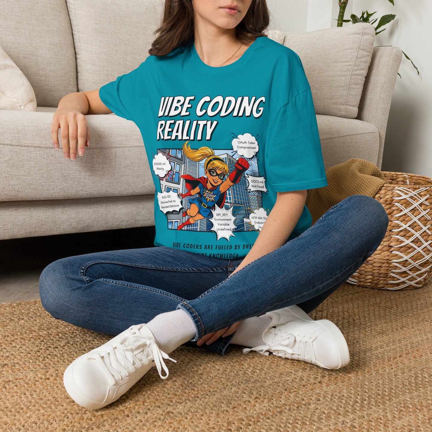 Vibe Coding Reality T-Shirt | Funny Female Senior Dev Super Hero |  Programmer Comic Tee | Vibe Coders are Fueled by Dreams