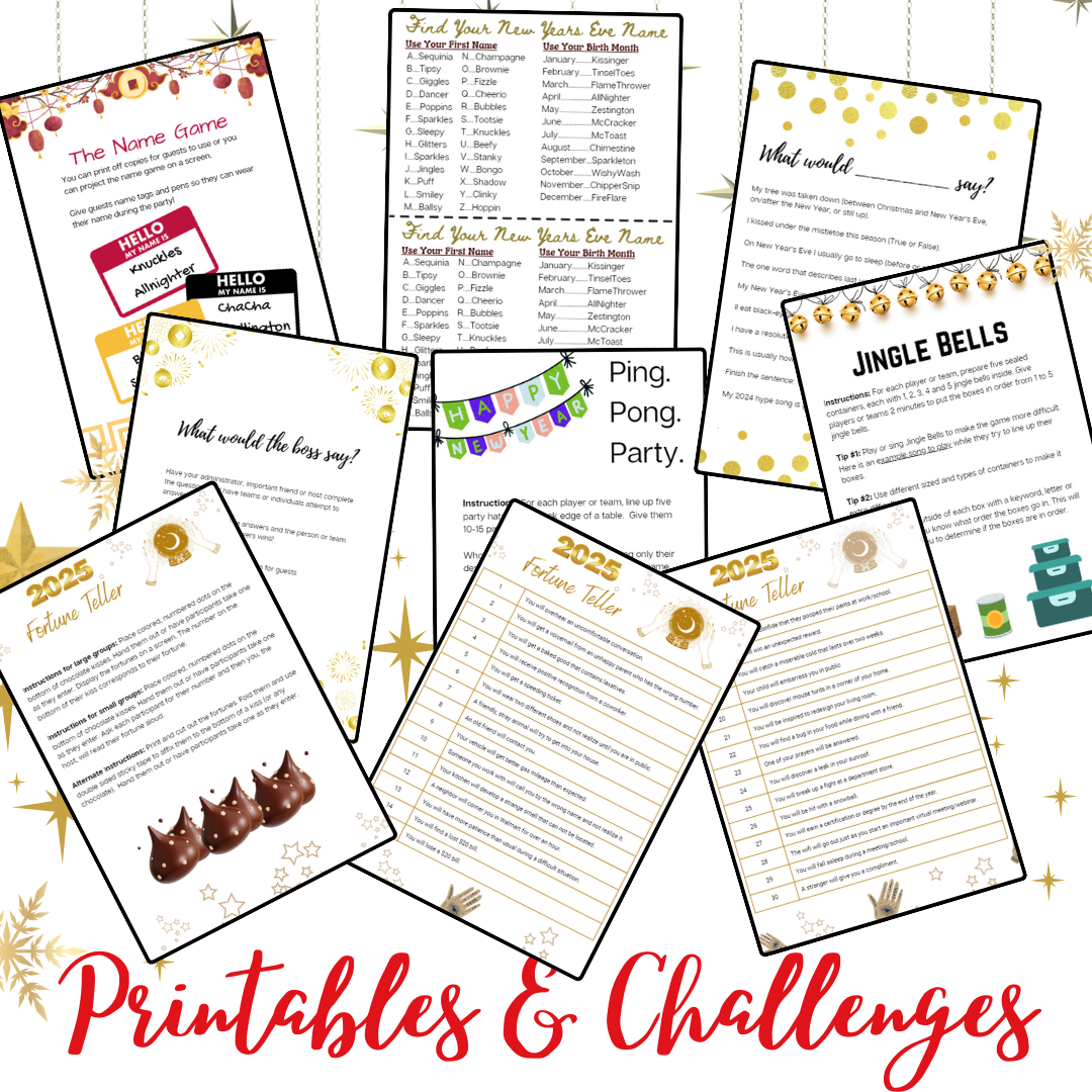 New Years Games Set 2: 5 Games for NYE Party | New Years Eve Party Challenges for Adults and Kids | Holiday Team Challenges for NYE Party  Instant Download