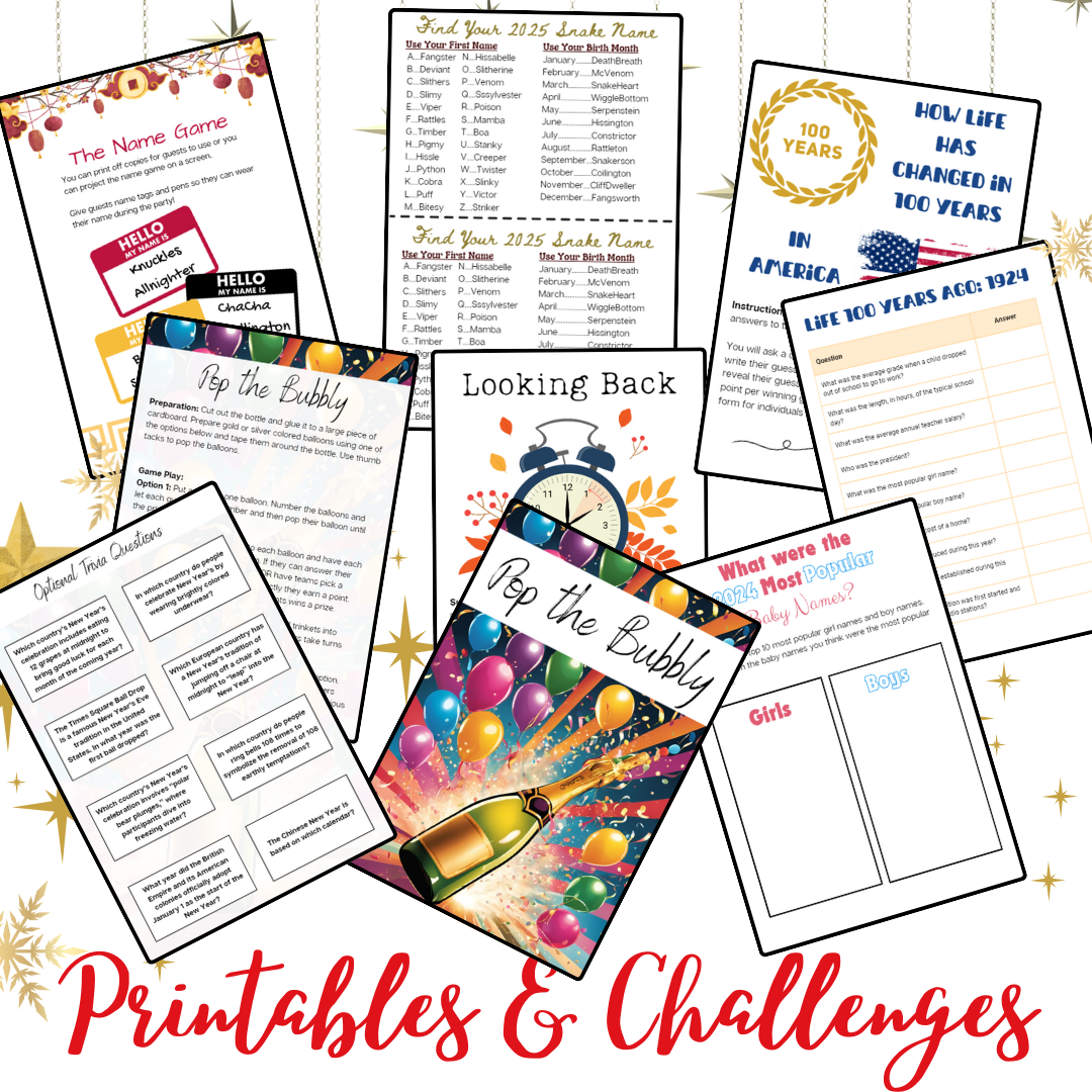 New Years Games Set 3: 5 NYE Games for 2024 New Years Eve Party | Customized for 2024 | Find Your 2025 Year of the Snake Name | Instant Download