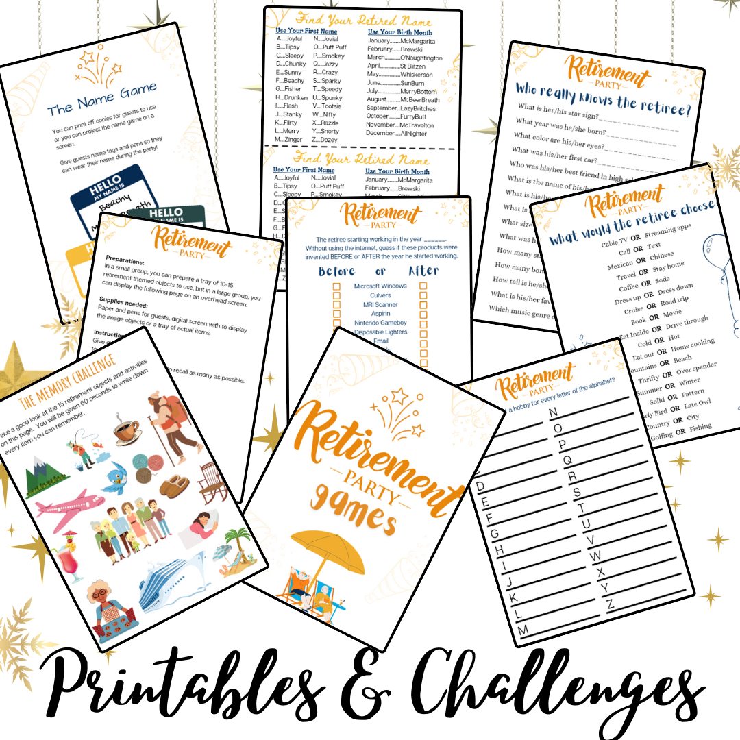 Retirement Party Games: 5 games + BONUS Retirement Name Game | Would you Rather, Before and After, Memory, Alphabet Hobbies  Instant Download