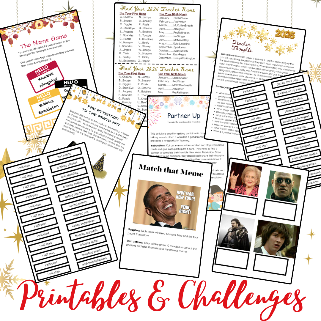 New Years Games Set 1: 5 Games for Teacher Meetings | 2024 New Years Challenges for Educators | Find Your 2025 Teacher Name | Staff Meetings  Instant Download