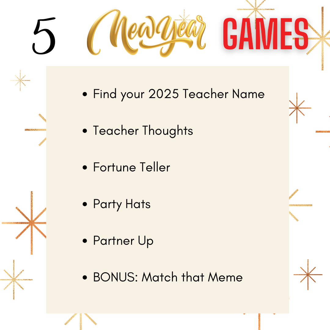New Years Games Set 1: 5 Games for Teacher Meetings | 2024 New Years Challenges for Educators | Find Your 2025 Teacher Name | Staff Meetings  Instant Download