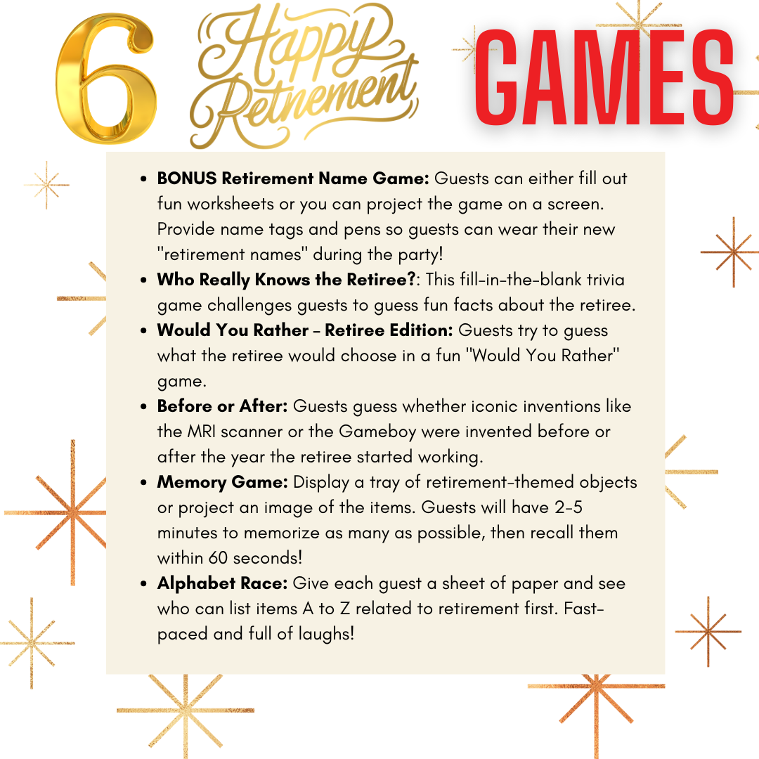 Retirement Party Games: 5 games + BONUS Retirement Name Game | Would you Rather, Before and After, Memory, Alphabet Hobbies  Instant Download