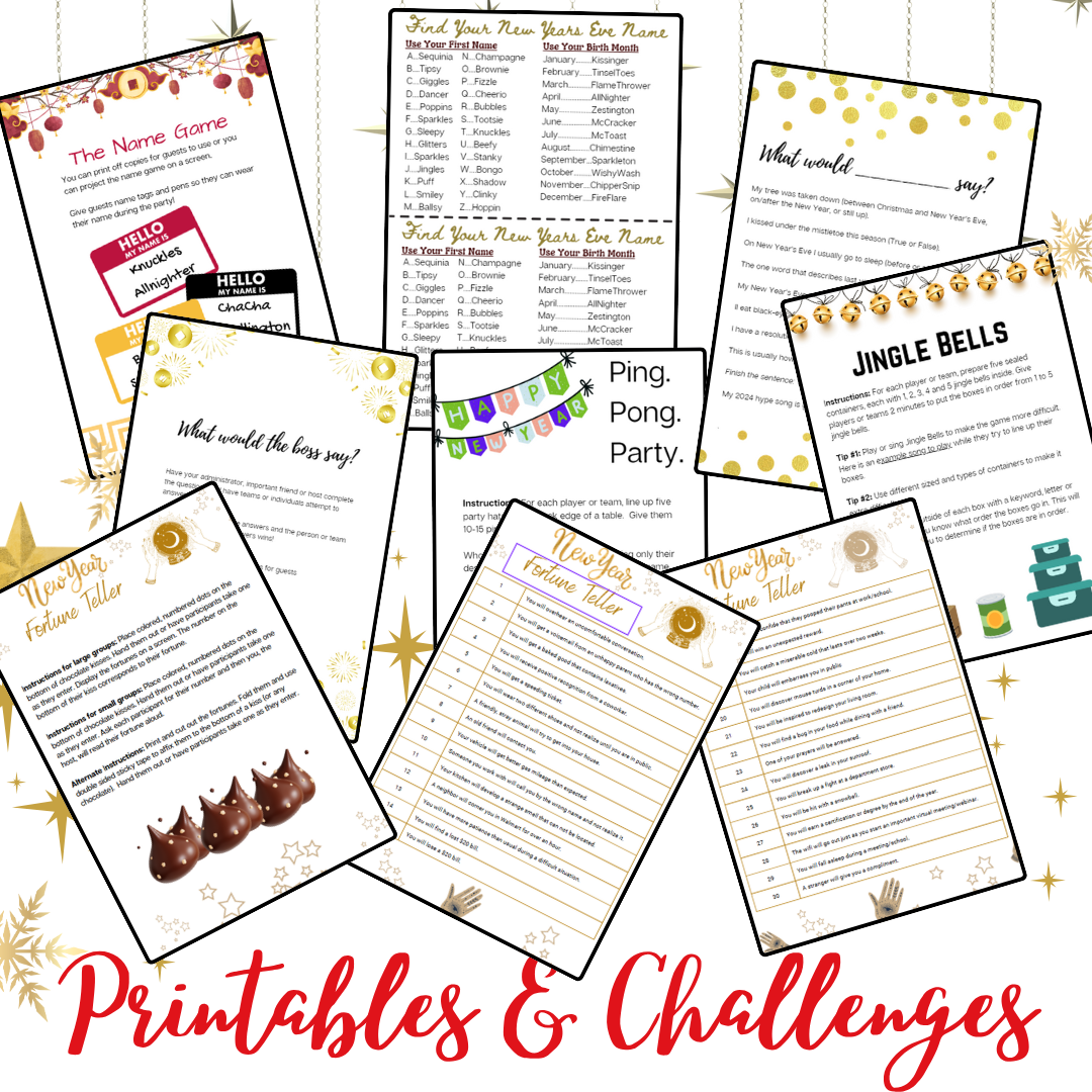New Years Games Set 2: 5 Games for NYE Party | New Years Eve Party Challenges for Adults and Kids | Holiday Team Challenges for NYE Party  Instant Download